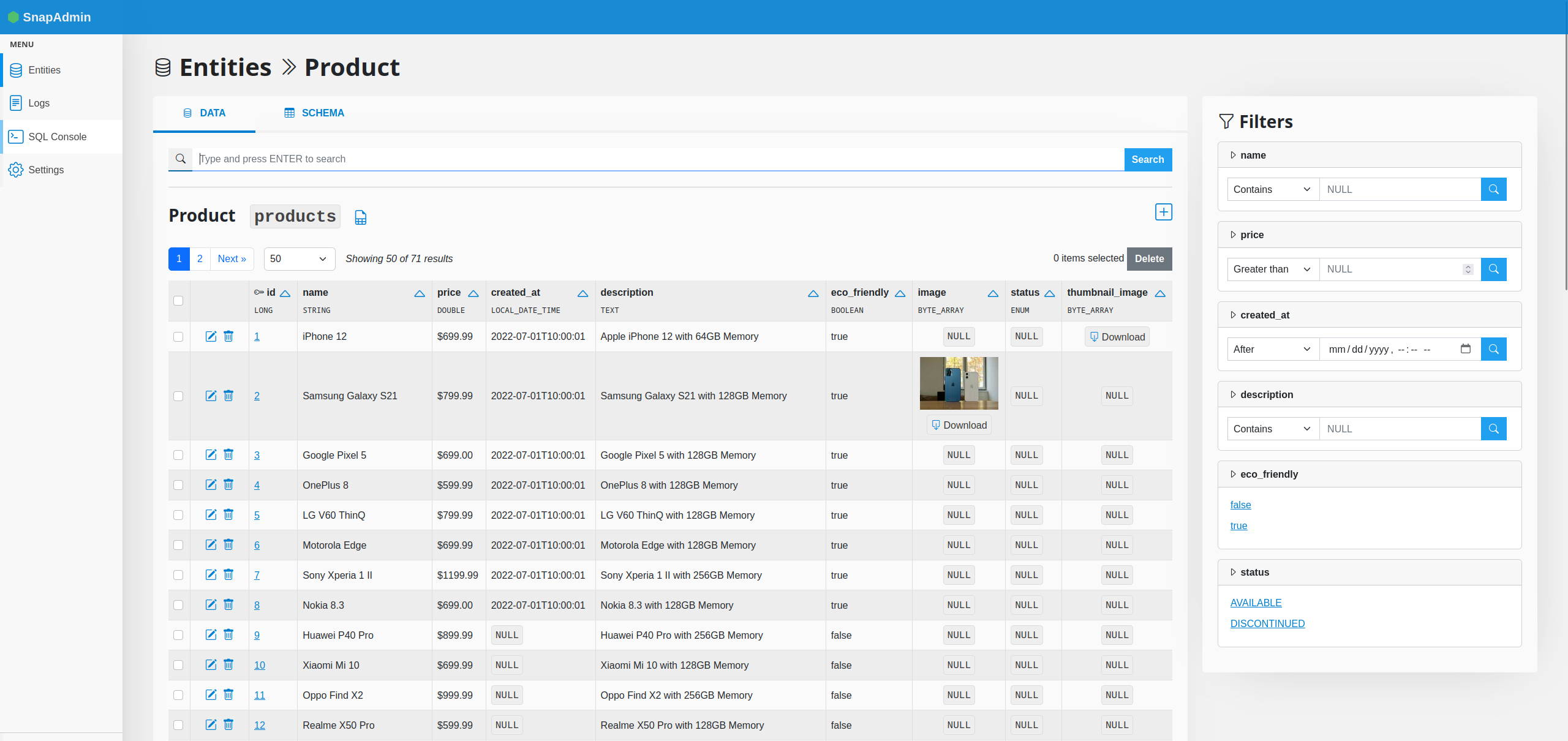 SnapAdmin screenshot showing the list view