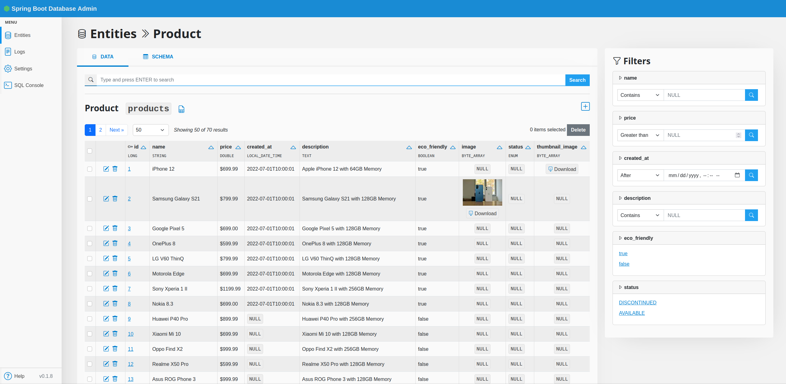 SnapAdmin screenshot showing the list view